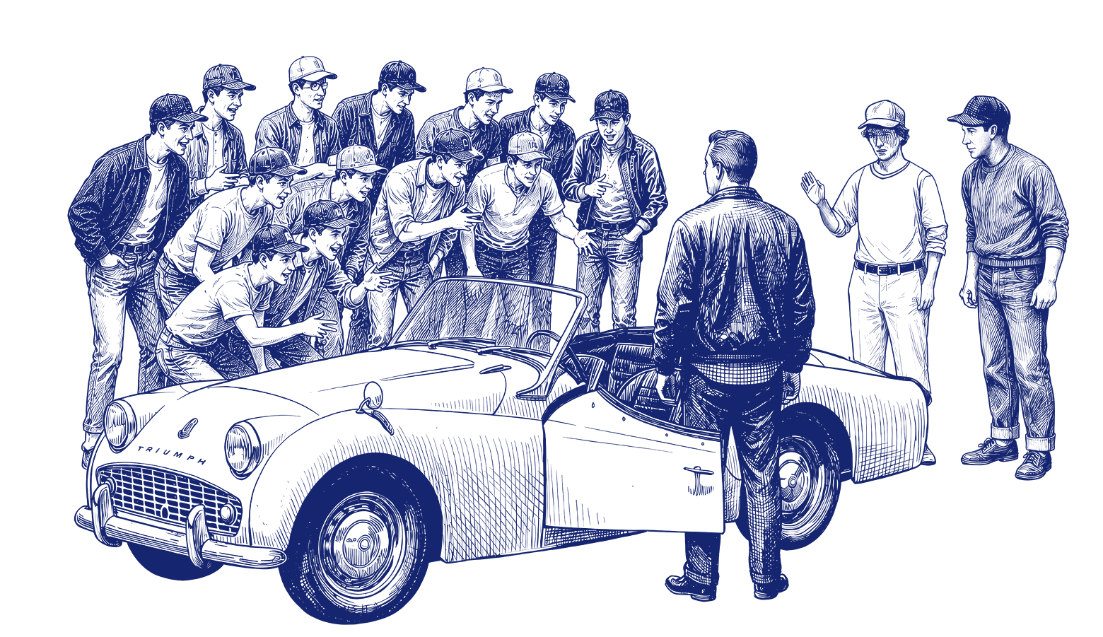 Illustration of the 1963 Kapaun baseball team crowding around a Triumph TR3 roadster in Wichita