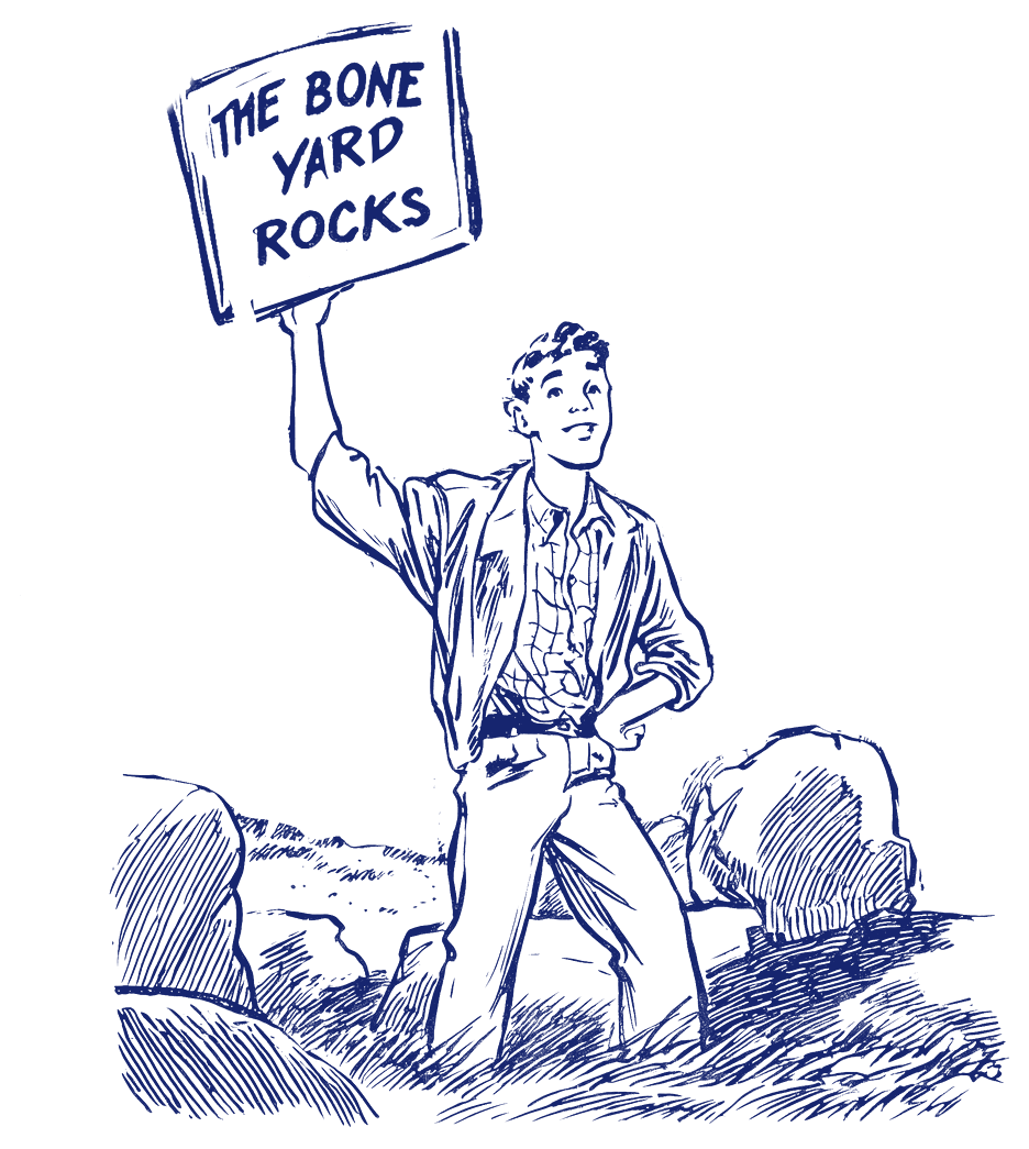 A player holding a hand-lettered sign reading The Bone Yard Rocks