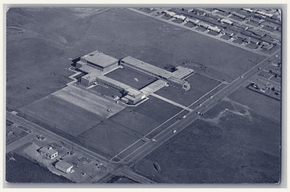 Aerial view of the Chaplain Kapaun Memorial High School campus and fields in Wichita, Kansas
