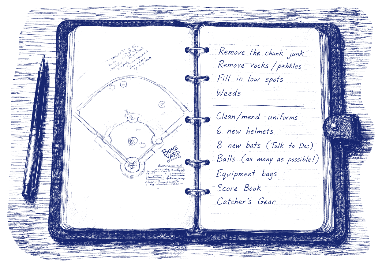 Coach Dave Egan's open notebook listing repairs to the Bone Yard field and equipment needed for the season