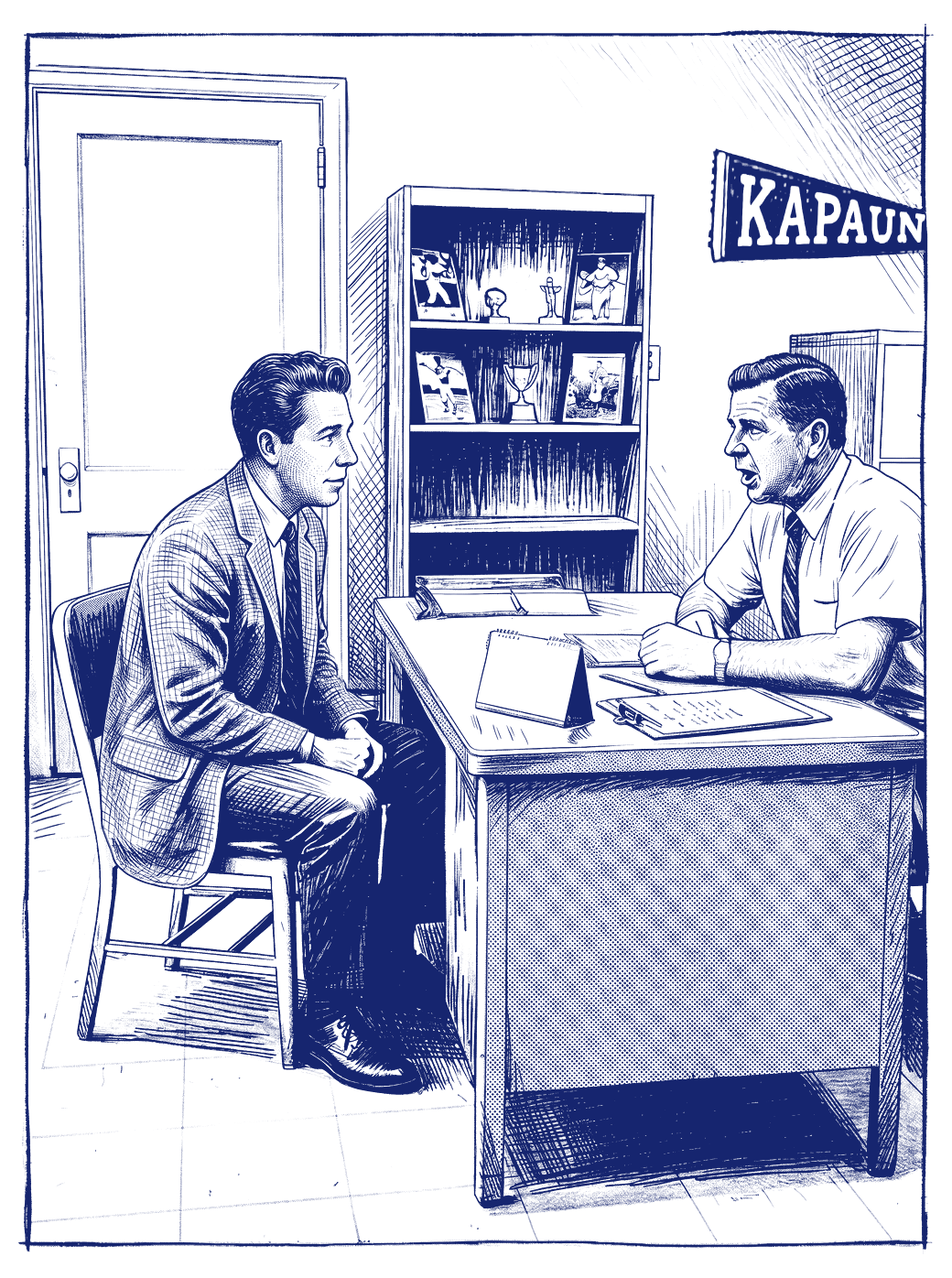 Illustration of a meeting in the Kapaun coach's office