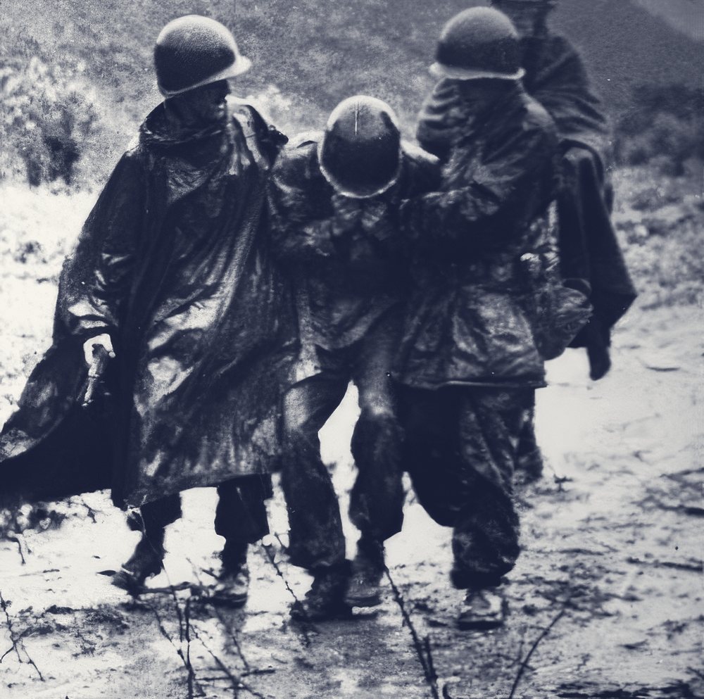 Father Emil Kapaun and Captain Jerome Dolan carrying an exhausted American soldier off the battlefield in Korea