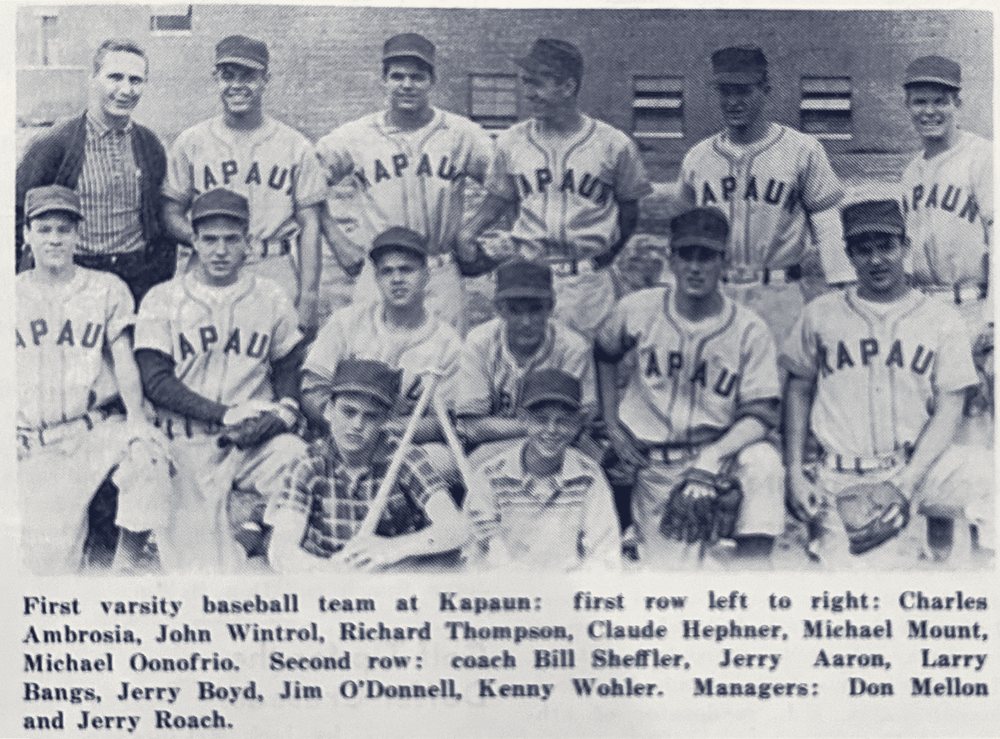 Newspaper photograph of the first varsity baseball team at Chaplain Kapaun Memorial High School