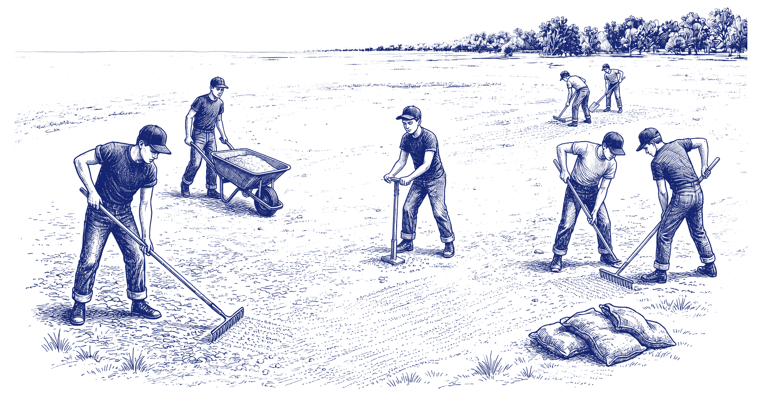 Kapaun players clearing limestone rocks from the Bone Yard baseball field by hand in Wichita, Kansas